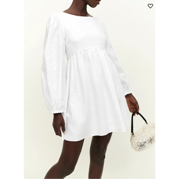 Reformation XL Ramone Babydoll 100% Linen Mini Dress Long Sleeve Fit&Flare White - Picture 6 of 10